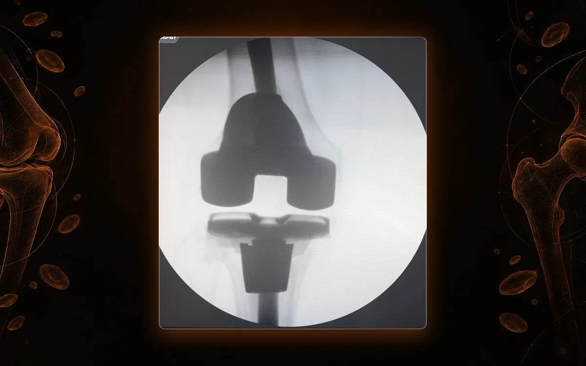 Fluoroscopy of a knee with a total knee replacement.