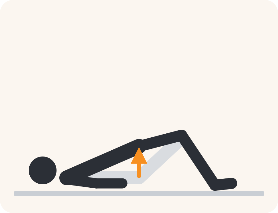 Drawing of the bridge exercise. The pale figure shows the starting position, the dark figure the end position, and the orange arrow the direction to move.