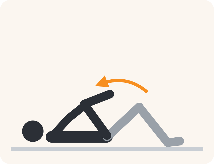 Drawing of the knee to chest exercise. The pale figure shows the starting position, the dark figure the end position, and the orange arrow the direction to move.