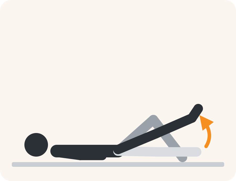 Drawing of the straight leg raise exercise. The pale figure shows the starting position, the dark figure the end position, and the orange arrow the direction to move.