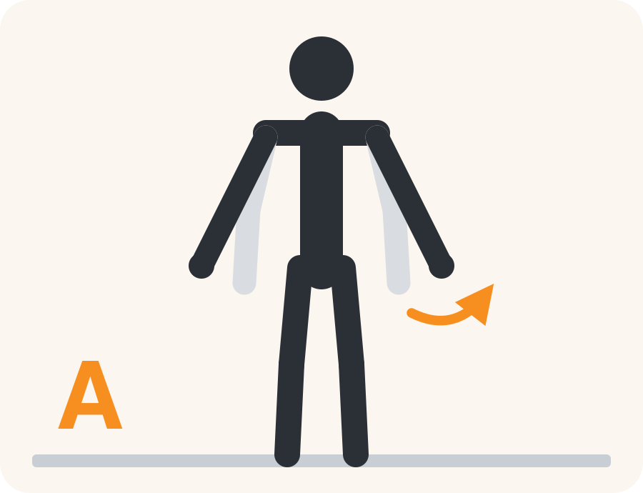 Drawing of the A press exercise. The pale figure shows the starting position, the dark figure the end position, and the orange arrow the direction to move.