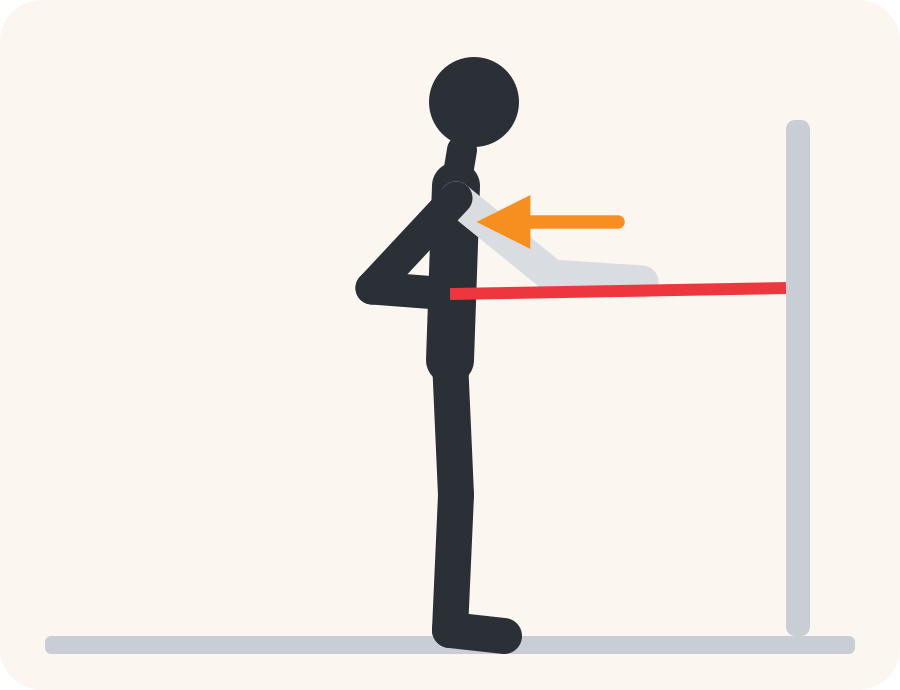 Drawing of the band row exercise. The pale figure shows the starting position, the dark figure the end position, and the orange arrow the direction to move.