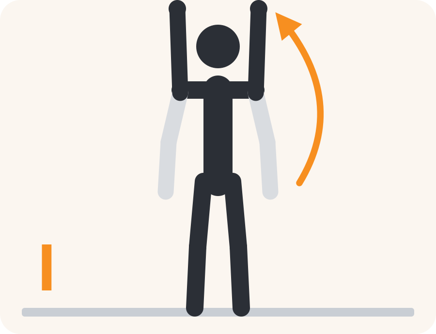 Drawing of the I raise exercise. The pale figure shows the starting position, the dark figure the end position, and the orange arrow the direction to move.