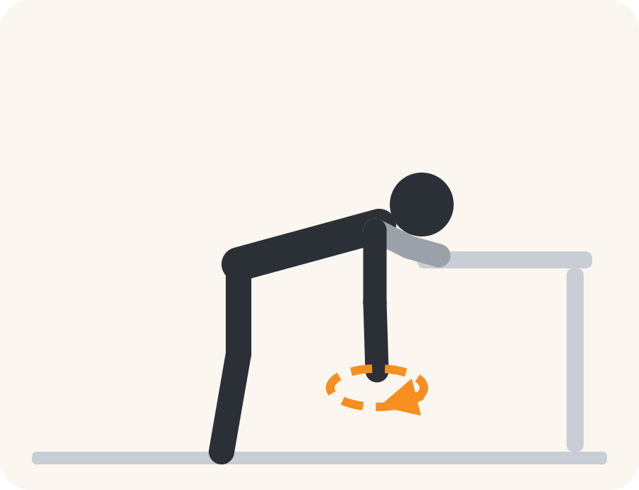 Drawing of the pendulum exercise. The pale figure shows the starting position, the dark figure the end position, and the orange arrow the direction to move.