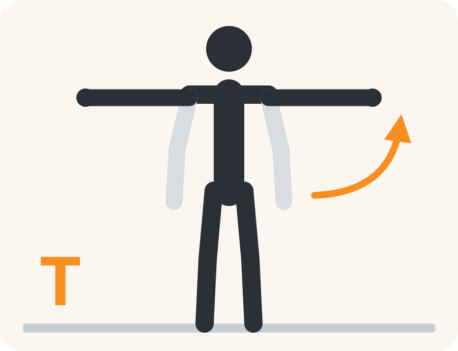 Drawing of the T raise exercise. The pale figure shows the starting position, the dark figure the end position, and the orange arrow the direction to move.