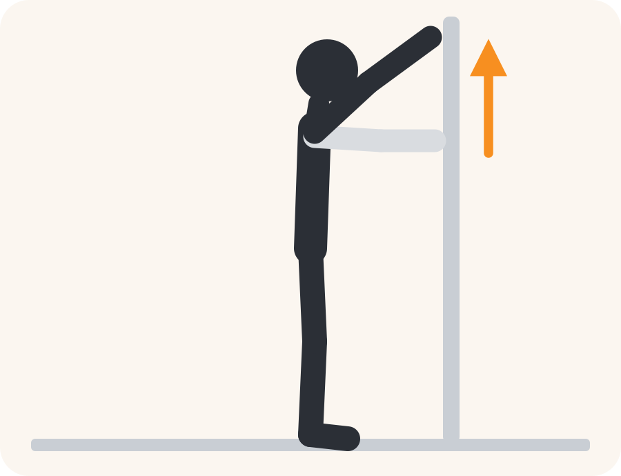 Drawing of the wall walk exercise. The pale figure shows the starting position, the dark figure the end position, and the orange arrow the direction to move.