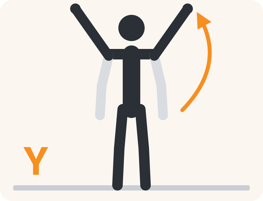 Drawing of the Y raise exercise. The pale figure shows the starting position, the dark figure the end position, and the orange arrow the direction to move.